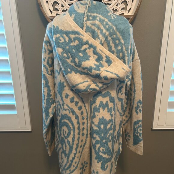 NWT Stitchdrop Cardigan Hoodie Long Open Front Sweater Cream/Blue Pattern SZM - Picture 3 of 10